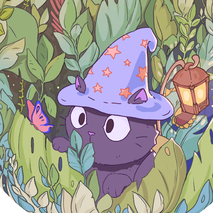 Ein gezeichnetes Bild einer schwarzen Katze mit Zauberhut in einem Gebüsch. Hinter der Katze ist eine kleine Lampe.