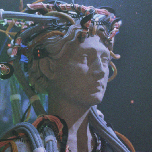 Ein 3D Render von einer Medusa Statue, welche statt Schlangen von Kabeln umgeben wird. Sie befindet sich in dichtem Nebel.